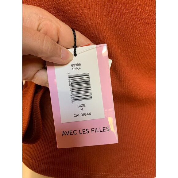 Avec Les Filles NEW Puff-Sleeve Rib-Knit Cardigan Shirt Rust Color Medium - Picture 8 of 11